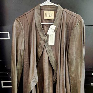 ILLIA Brown 10 M leather trim jacket blazer mixed media waterfall mandarin edgy